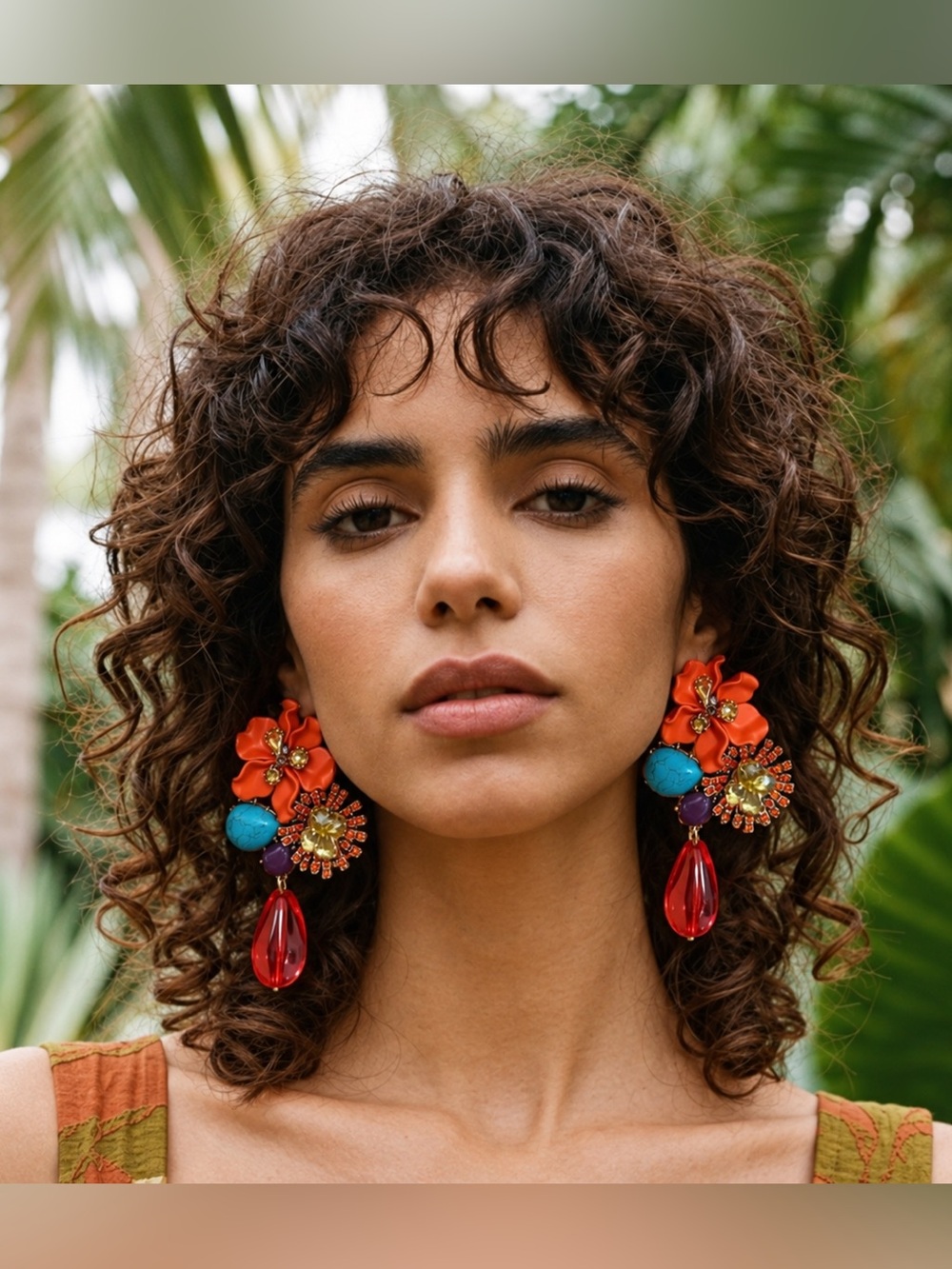 Statement Floral Chandelier Earrings Orange Turquoise Red Rhinestone Dangle NEW